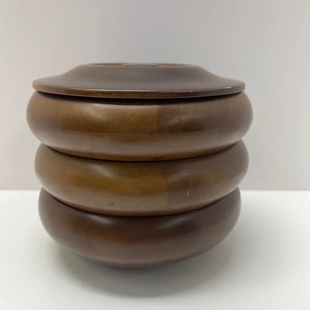 Hellerware 3 Piece Turned Stacking Wood With Lid MCM‎ Ribbed Beehive Nesting VTG